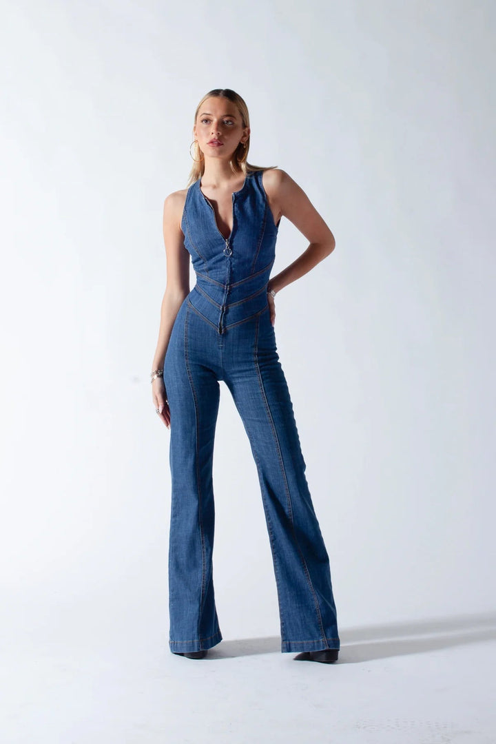 Mune | Denim jumpsuit for women, cutout on the back with heart-shaped cutout, sleeveless, fitted, jumpsuit