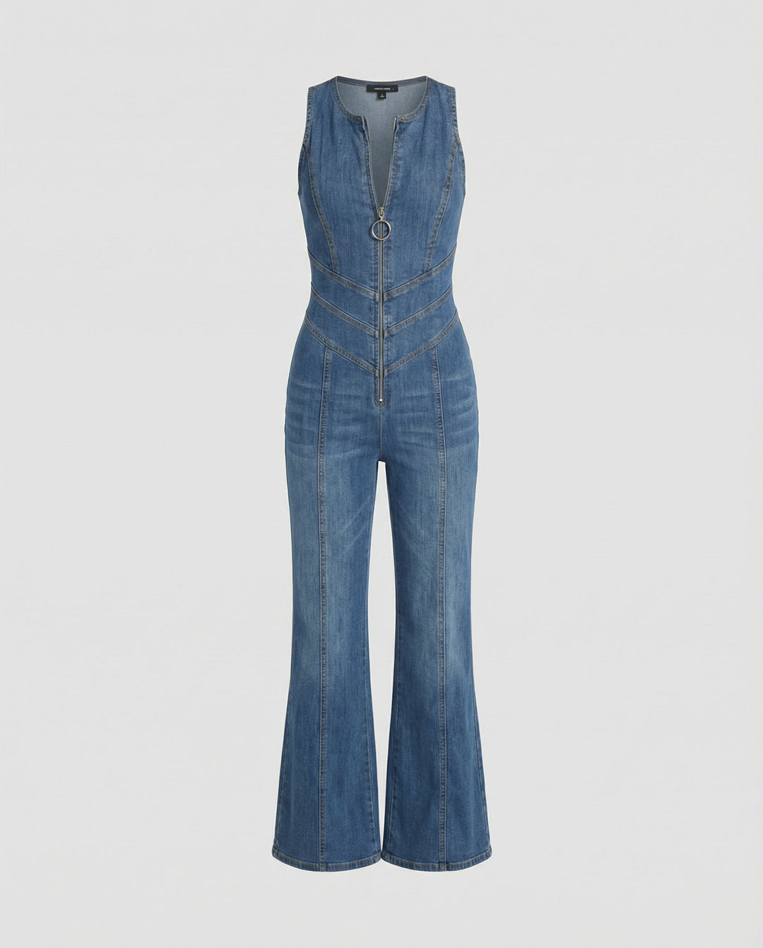 Denim overall for women, back neckline with heart-shaped cutout, sleeveless, tailored, one-piece