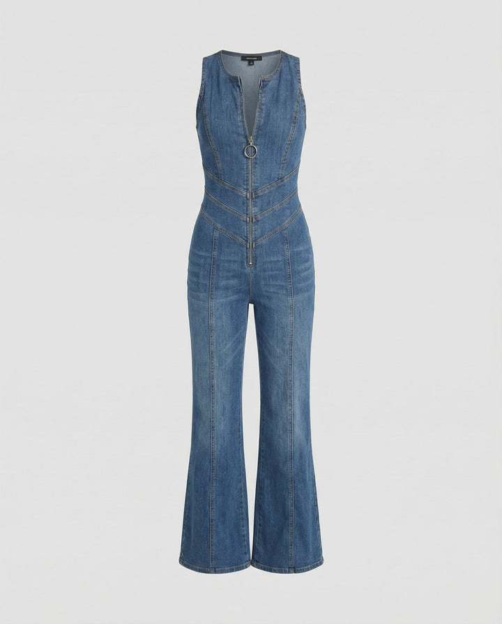 Denim overall for women, back neckline with heart-shaped cutout, sleeveless, tailored, one-piece