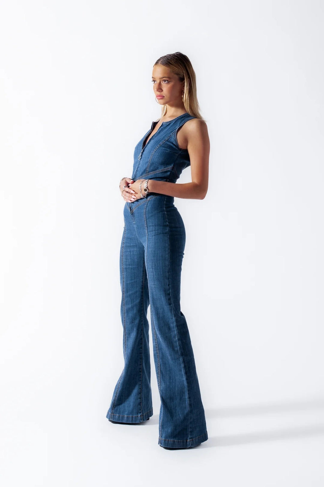 Mune | Denim jumpsuit for women, cutout on the back with heart-shaped cutout, sleeveless, fitted, jumpsuit