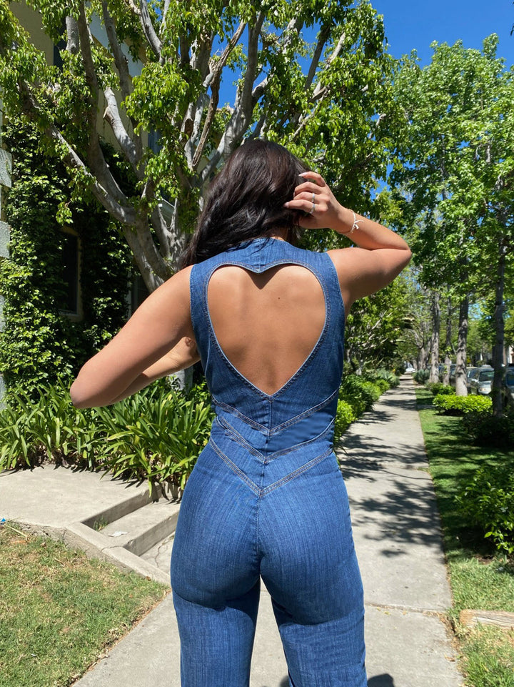 Mune | Denim jumpsuit for women, cutout on the back with heart-shaped cutout, sleeveless, fitted, jumpsuit
