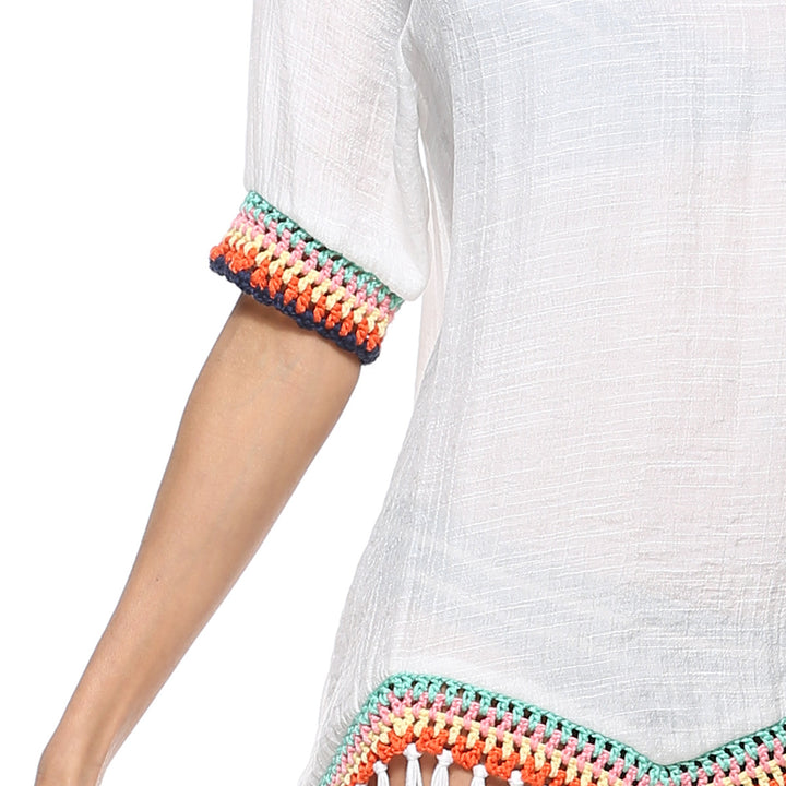 Women's trendy beach cover-up with frayed hem and colorful crochet trim Mune Fashion