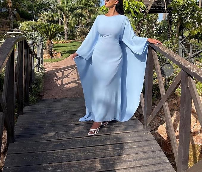 Mune | Elegant Maxi Dress with Round Neckline & Wide Sleeves – Women's Evening Dress with High Waist Long Dress for Festive Occasions