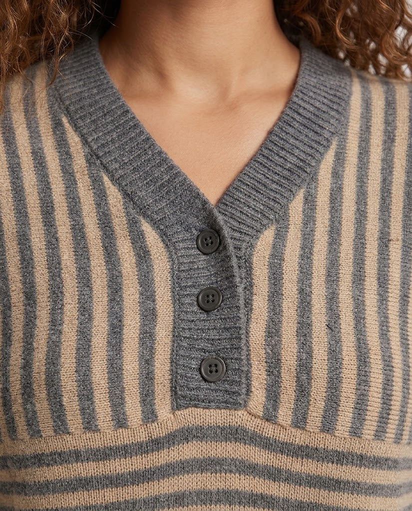 Women's Striped Fine Knit Sweater with V-Neck, Button Placket and Cropped Silhouette Mune Fashion