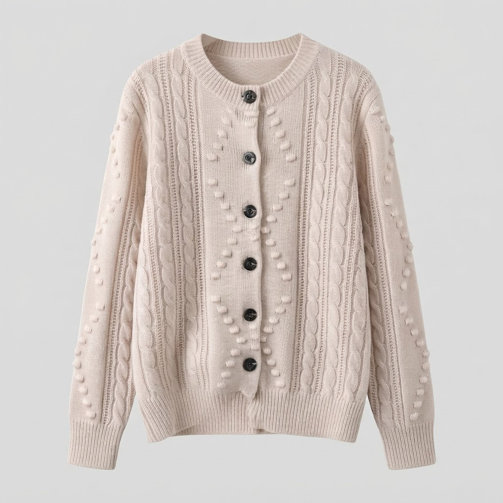 Women’s fine knit cardigan with cable pattern, bobble lace and round neckline Mune Fashion