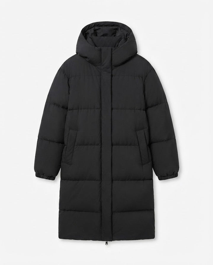 Women's nan ultra-watt-coated longline puffer with ergonomic hood, concealed snap placket, and thermoregulating insulation