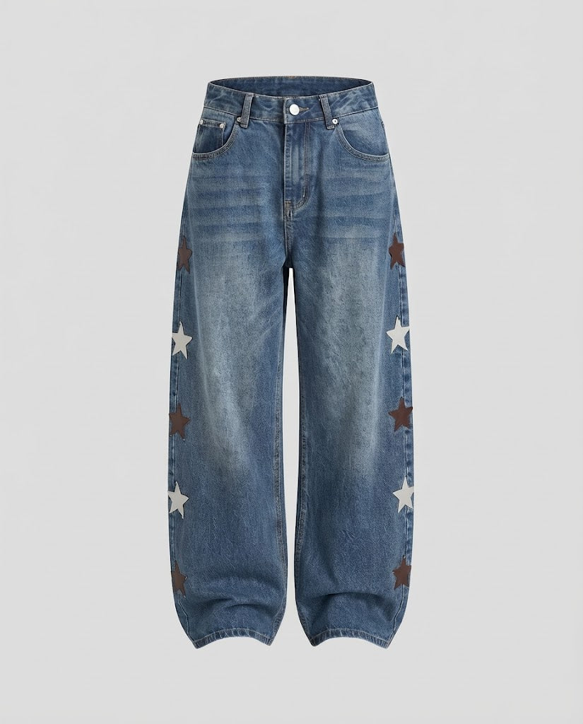 Women's Low-Rise Palazzo Denim Jeans with Extra Wide Leg and Star Appliqués Mune Fashion