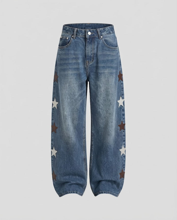 Women's Low-Rise Palazzo Denim Jeans with Extra Wide Leg and Star Appliqués Mune Fashion