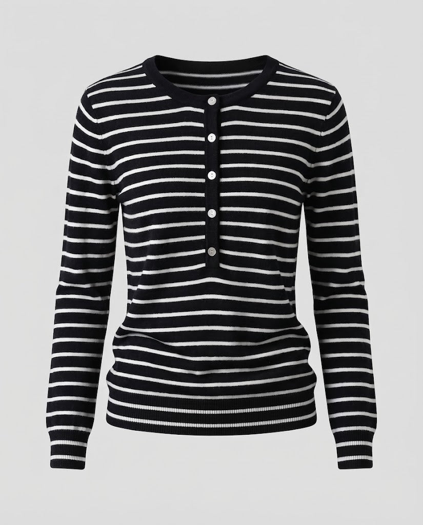 Women's Striped Henley Fine Knit Sweater with Button Placket Mune Fashion