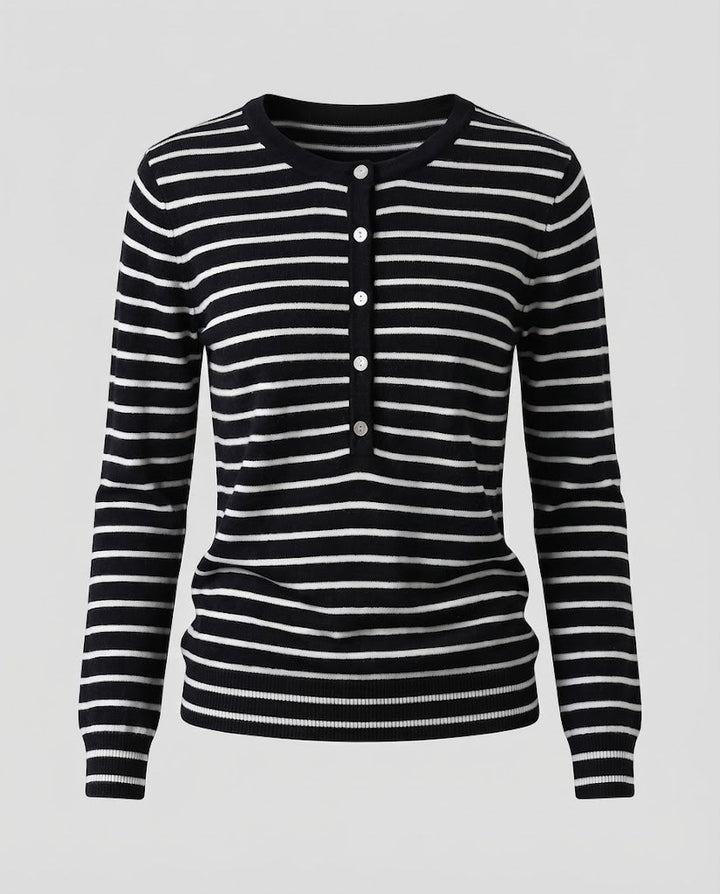 Women's Striped Henley Fine Knit Sweater with Button Placket Mune Fashion