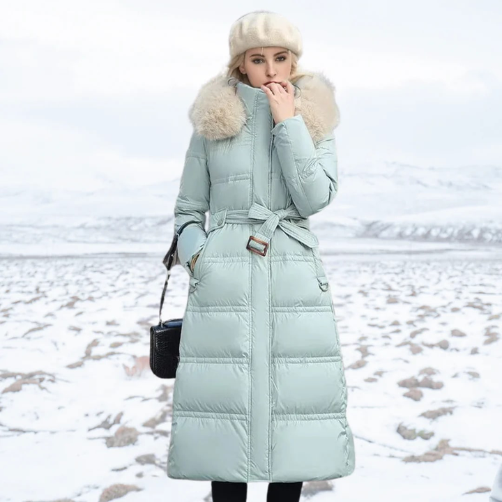 Mune | Elegant Longer Quilted Coat with Hood Made Of Faux Fur for Women