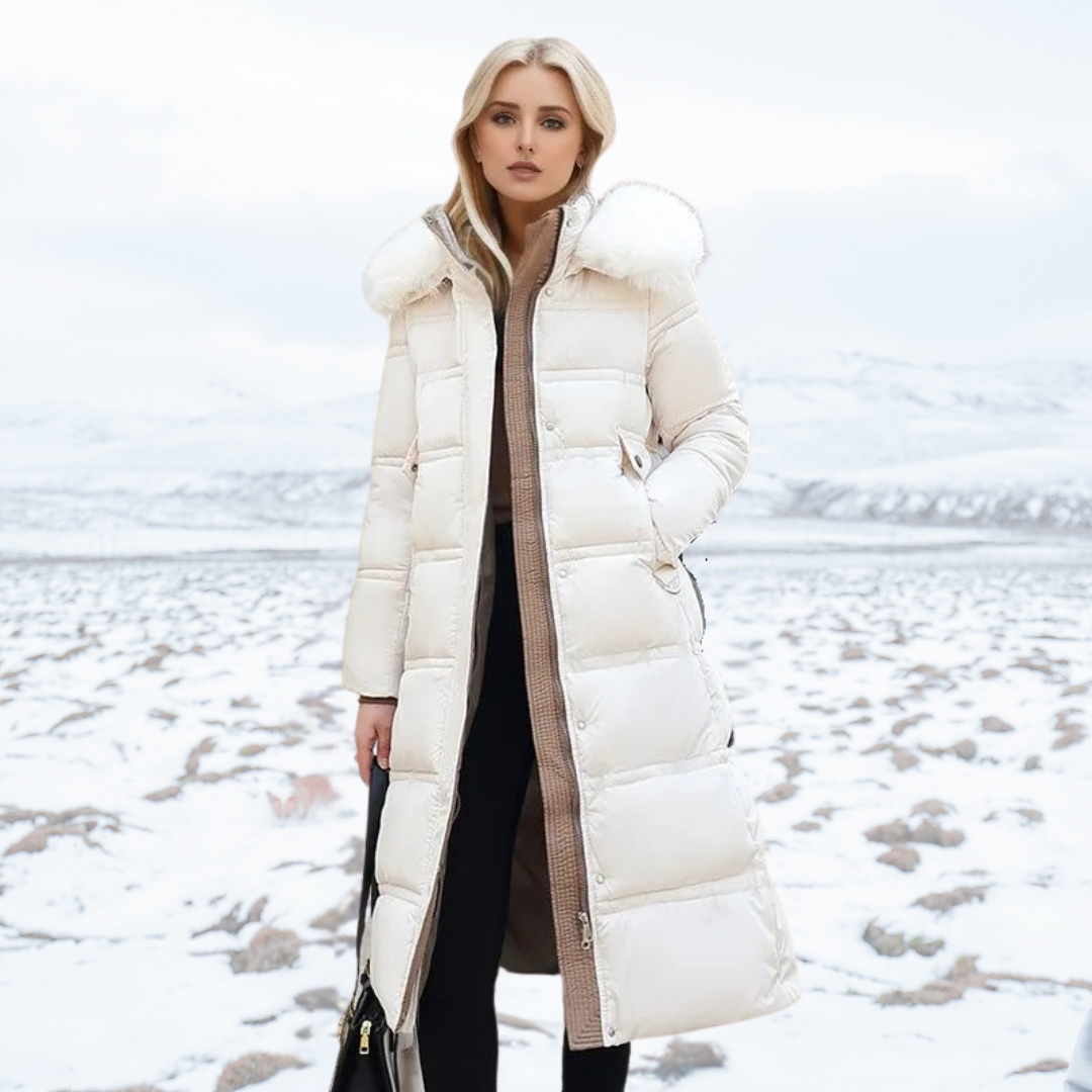 Mune | Elegant Longer Quilted Coat with Hood Made Of Faux Fur for Women