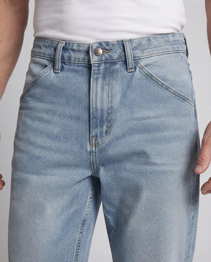 Men's wide tapered denim jeans with mid-rise waist and contrasting outer seam details Mune Fashion