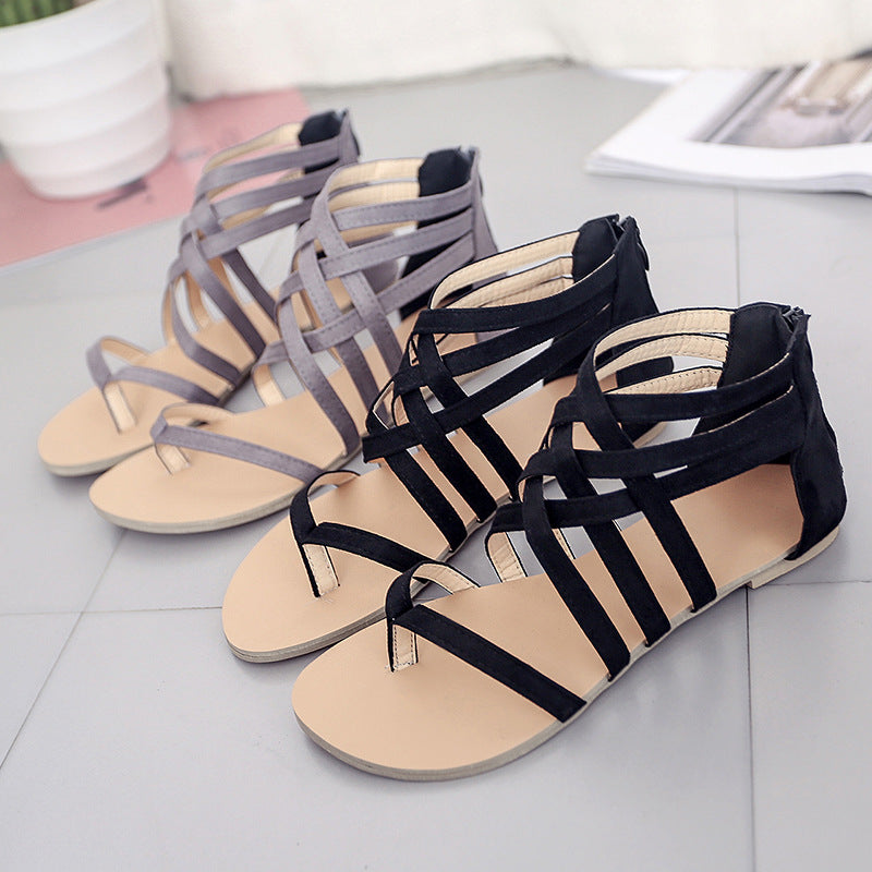 Women's flat Roma sandals with multi-straps ankle, toe post and zip heel cap Mune Fashion