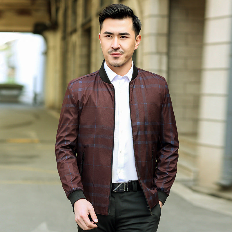 Men's Lightweight Checked Bomber Jacket with Ribbed Collar and Zipper Mune Fashion