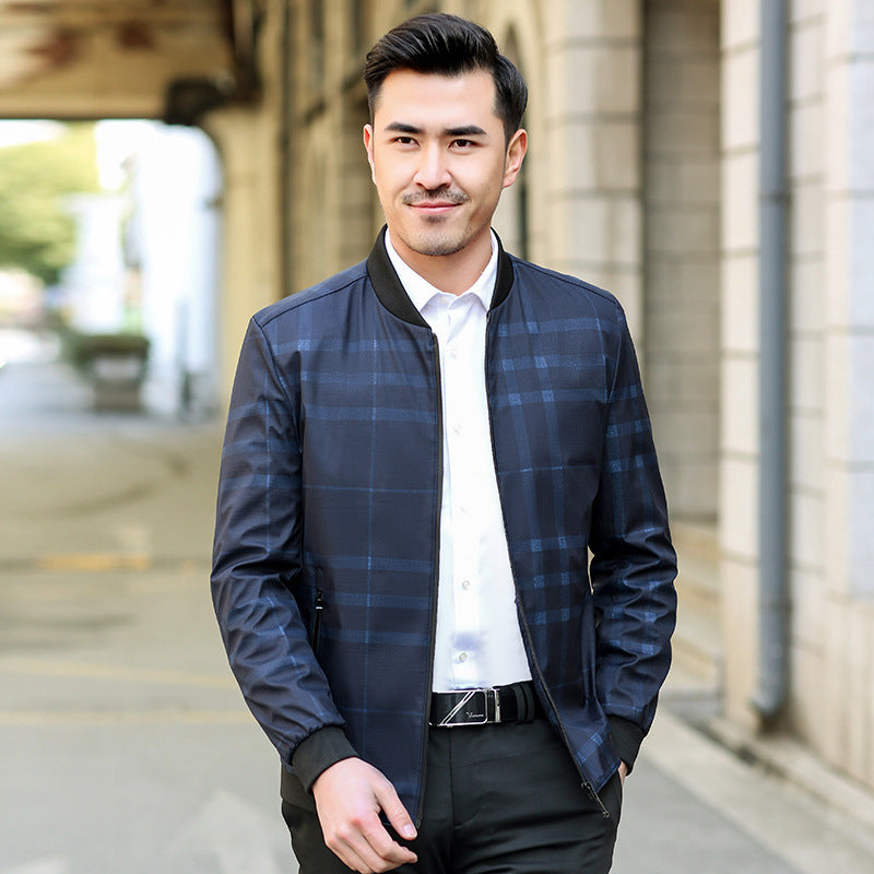 Men's Lightweight Checked Bomber Jacket with Ribbed Collar and Zipper Mune Fashion