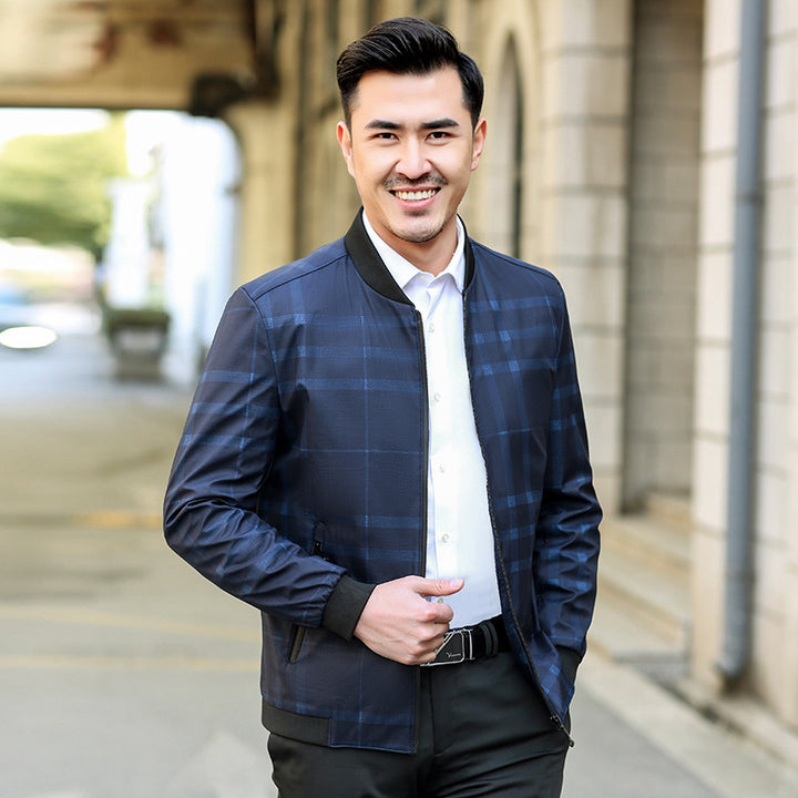 Men's Lightweight Checked Bomber Jacket with Ribbed Collar and Zipper Mune Fashion
