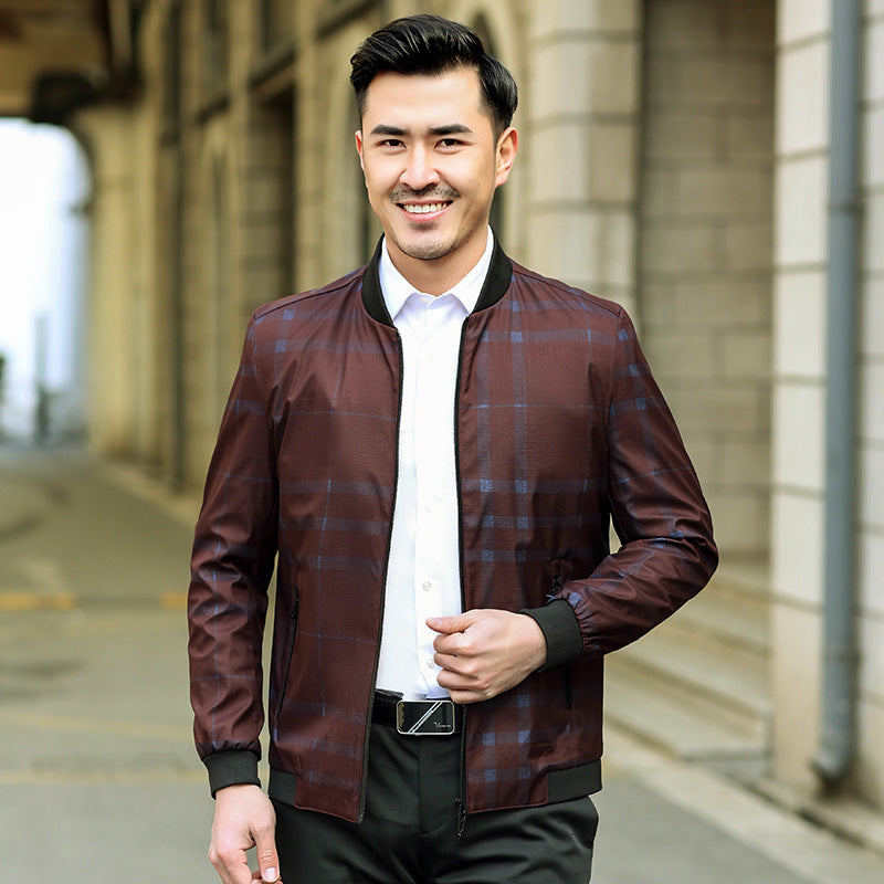 Men's Lightweight Checked Bomber Jacket with Ribbed Collar and Zipper Mune Fashion