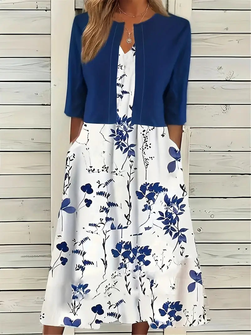 elegant two-piece floral dress set with solid color crop top and dress with round neck