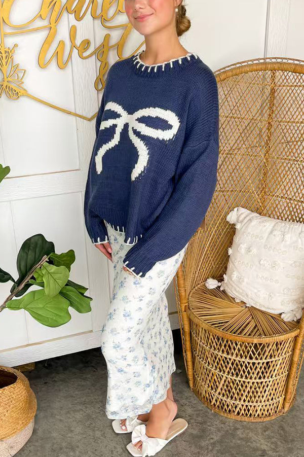 Mune | Christmas Bow Contrast Color Included Edge Long Sleeve Knitted Sweater