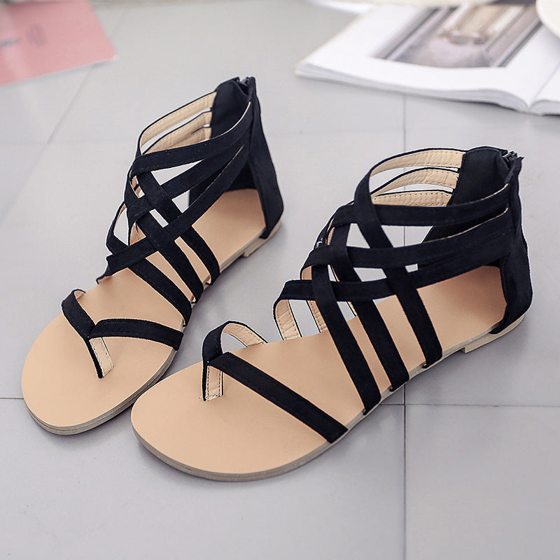 Women's flat Roma sandals with multi-straps ankle, toe post and zip heel cap Mune Fashion
