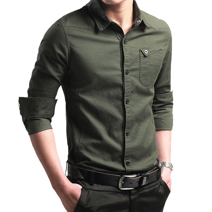 Men's Slim-Fit Cotton Shirt with Roll-Up Sleeves and Chest Pocket Mune Fashion
