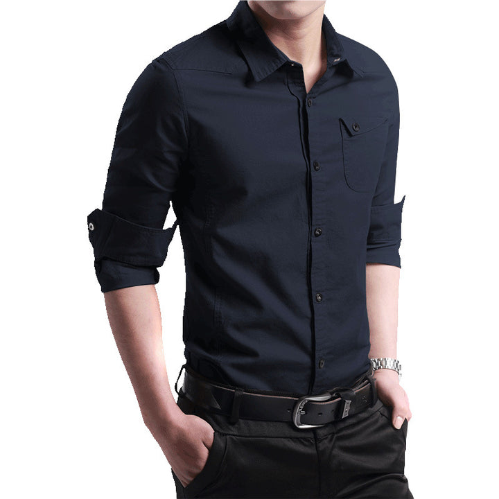 Men's Slim-Fit Cotton Shirt with Roll-Up Sleeves and Chest Pocket Mune Fashion