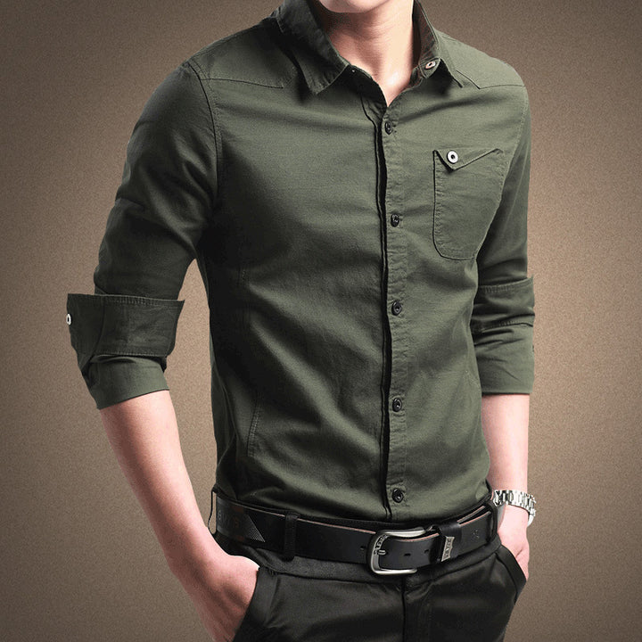 Men's Slim-Fit Cotton Shirt with Roll-Up Sleeves and Chest Pocket Mune Fashion