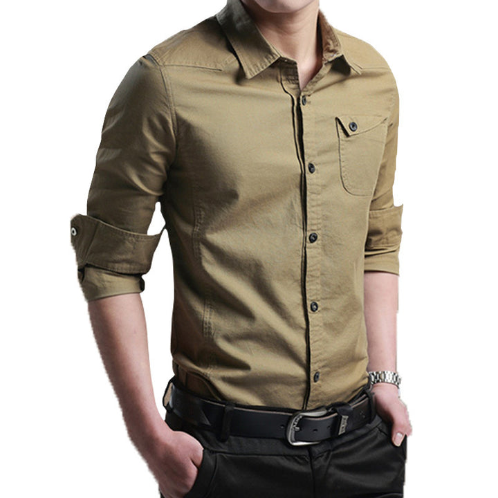 Men's Slim-Fit Cotton Shirt with Roll-Up Sleeves and Chest Pocket Mune Fashion