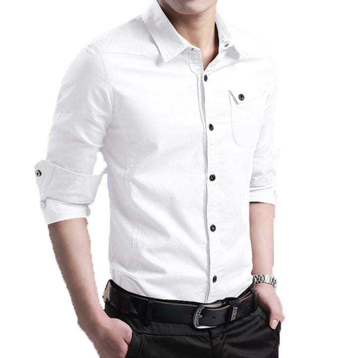 Men's Slim-Fit Cotton Shirt with Roll-Up Sleeves and Chest Pocket Mune Fashion