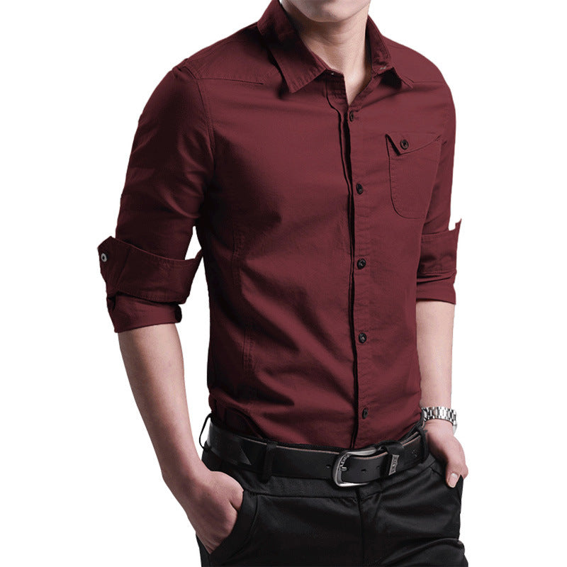 Men's Slim-Fit Cotton Shirt with Roll-Up Sleeves and Chest Pocket Mune Fashion