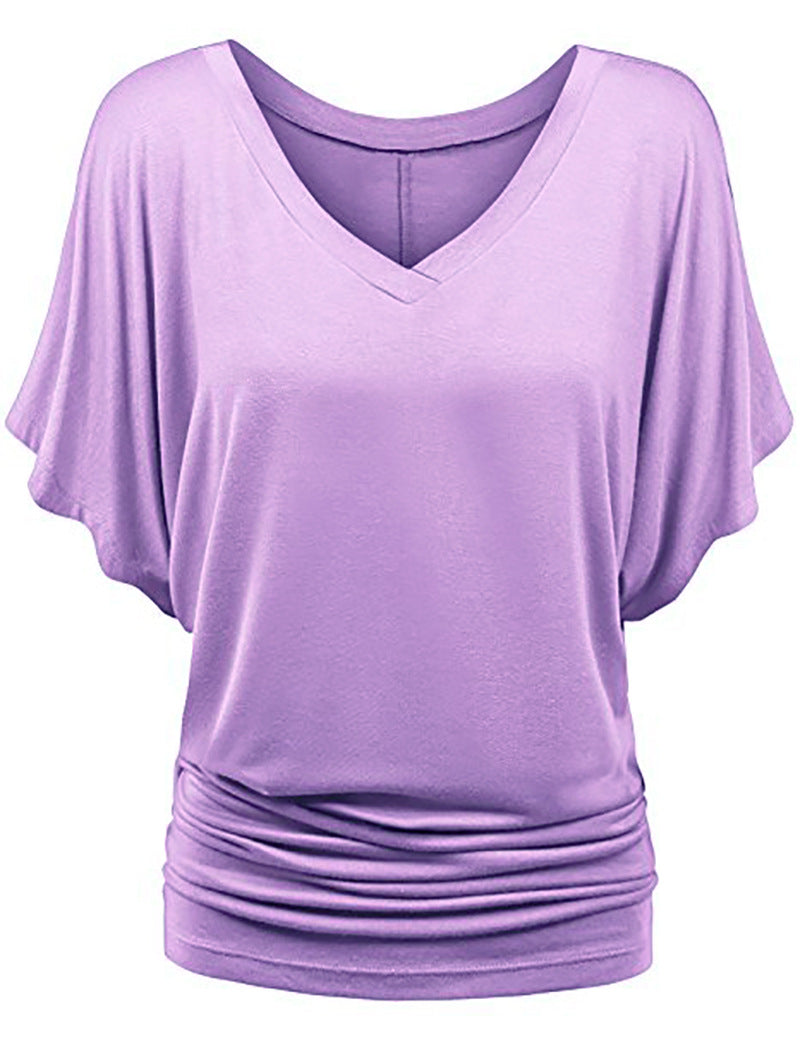 Women’s casual V-neck T-shirt with draped hem Mune Fashion