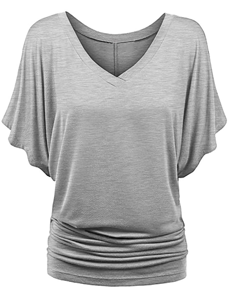 Women’s casual V-neck T-shirt with draped hem Mune Fashion
