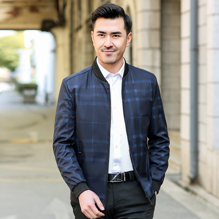 Men's Lightweight Checked Bomber Jacket with Ribbed Collar and Zipper Mune Fashion