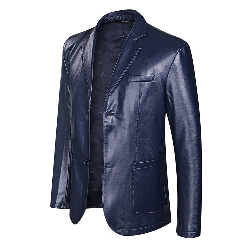 Men's Elegant Faux Leather Blazer Style Jacket with Patch Side Pockets Mune Fashion
