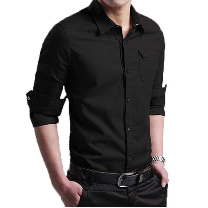 Men's Slim-Fit Cotton Shirt with Roll-Up Sleeves and Chest Pocket Mune Fashion