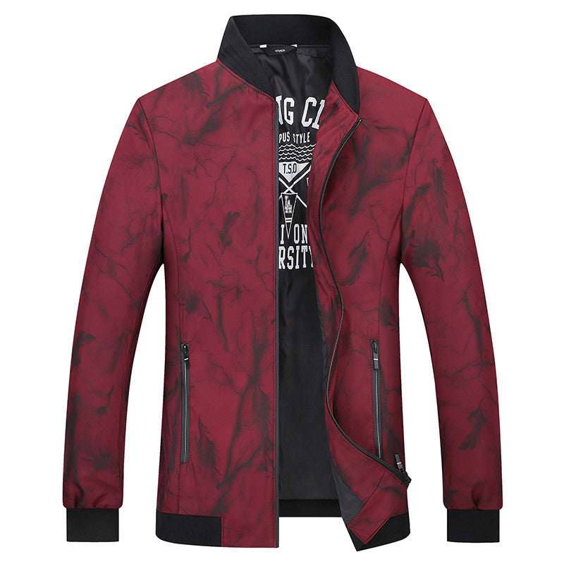 Men's Lightweight Bomber Jacket in Marble Print with Zipper and Elastic Cuffs Mune Fashion