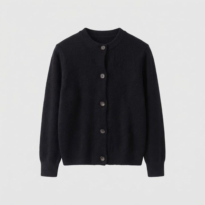 Women's fine-knit short cardigan with round neckline, fine ribbed edge, and subtly tailored silhouette Mune Fashion