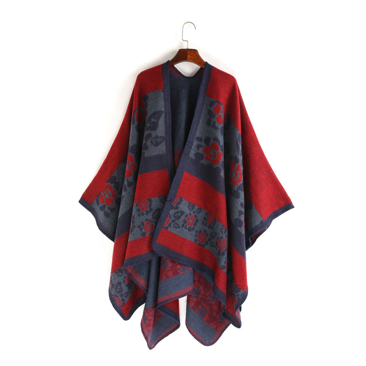 Women Oversize Ruana Poncho with Star Jacquard and Decorative Stitch Edge Mune Fashion