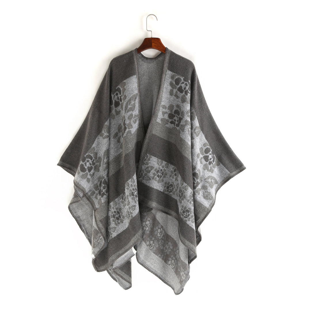 Women Oversize Ruana Poncho with Star Jacquard and Decorative Stitch Edge Mune Fashion