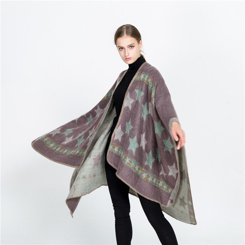 Women Oversize Ruana Poncho with Star Jacquard and Decorative Stitch Edge Mune Fashion