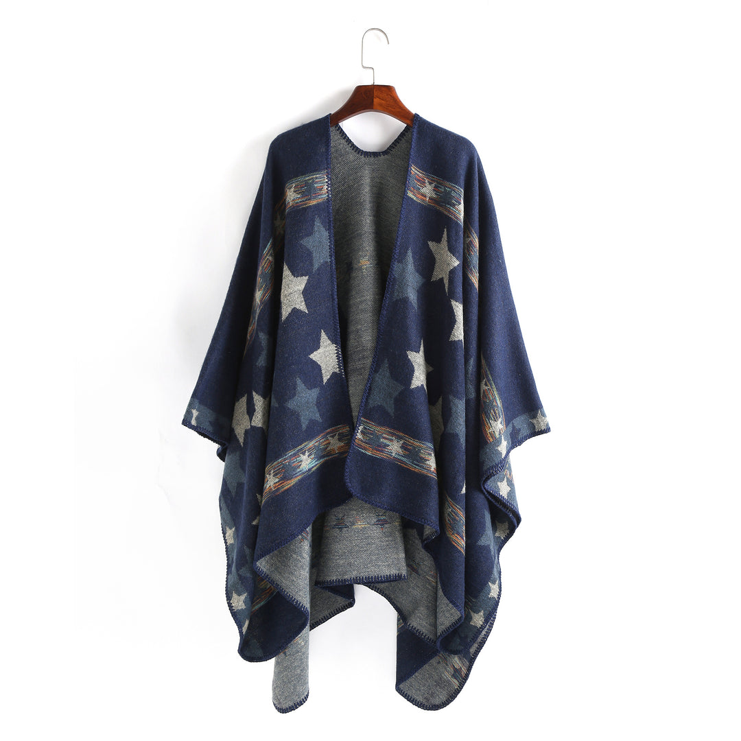 Women Oversize Ruana Poncho with Star Jacquard and Decorative Stitch Edge Mune Fashion