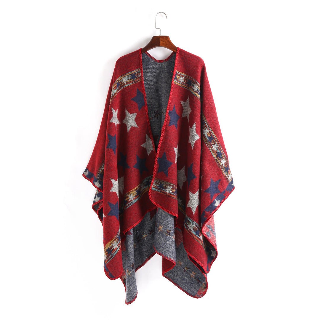 Women Oversize Ruana Poncho with Star Jacquard and Decorative Stitch Edge Mune Fashion