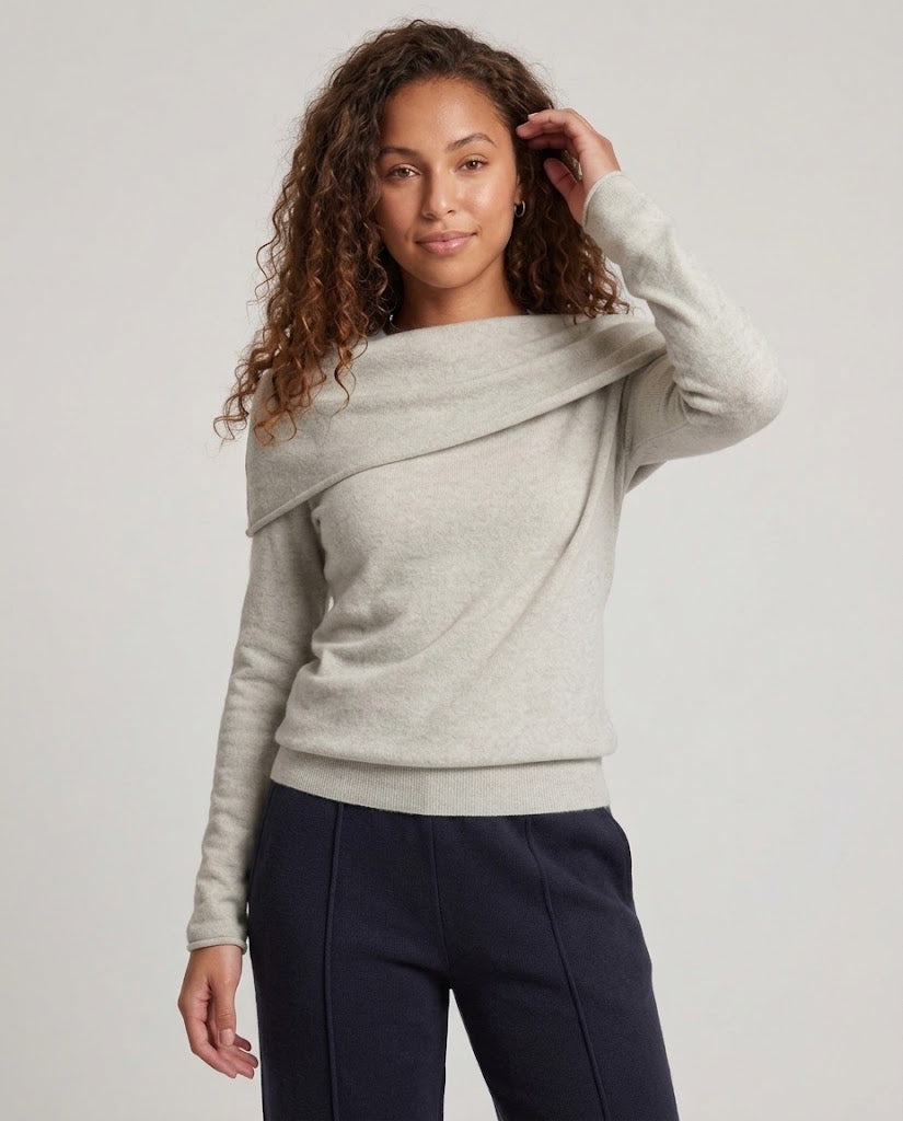 Women's fine knit pullover with off-the-shoulder Carmen collar and tailored fit Mune Fashion