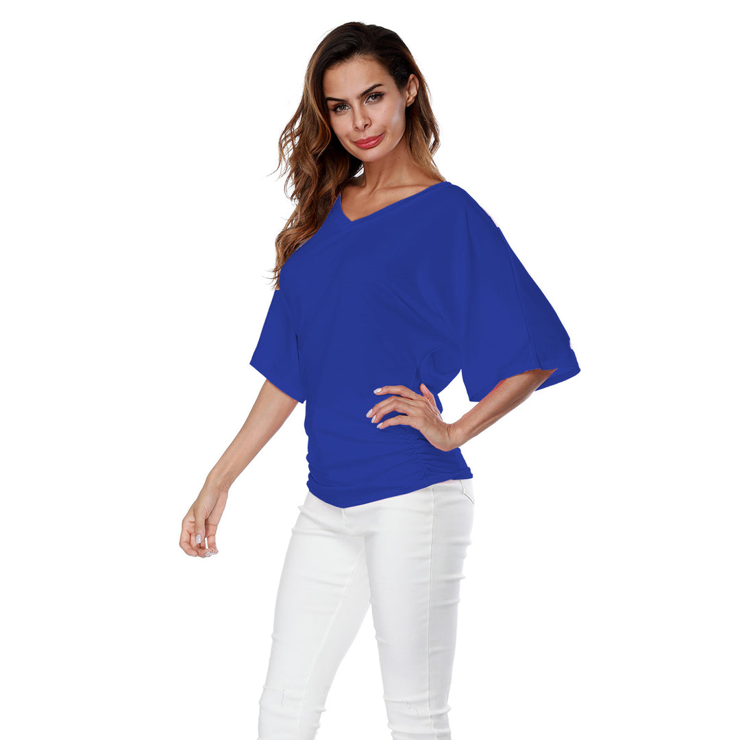Women’s casual V-neck T-shirt with draped hem Mune Fashion