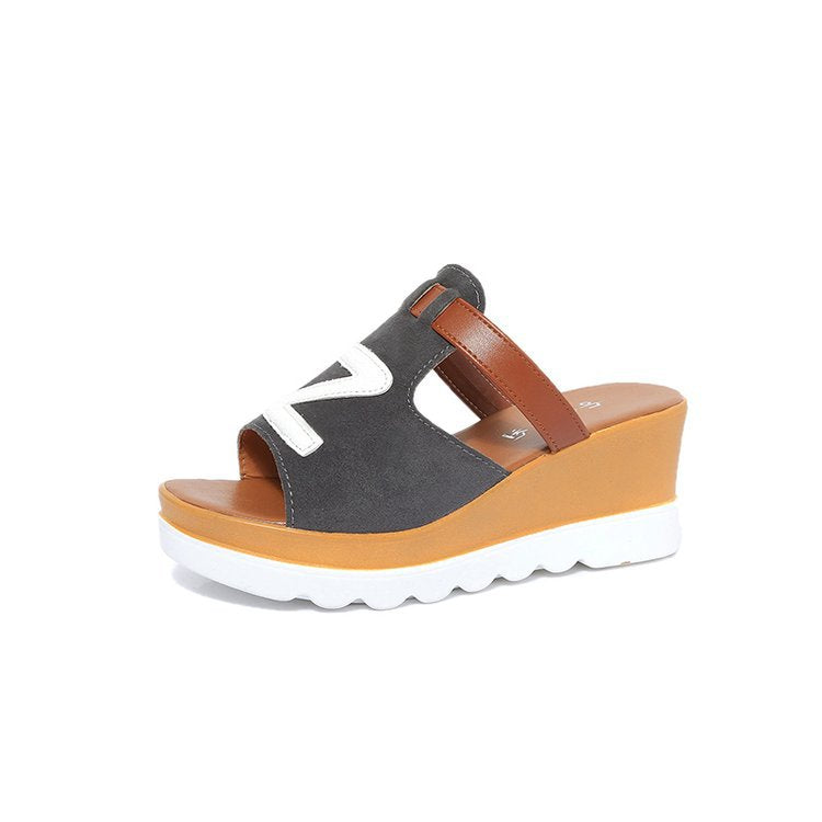 Women slip-on wedge sandals with ergonomic wave sole, padded comfort footbed, and decorative logo application Mune Fashion