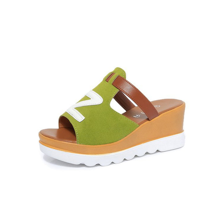 Women slip-on wedge sandals with ergonomic wave sole, padded comfort footbed, and decorative logo application Mune Fashion