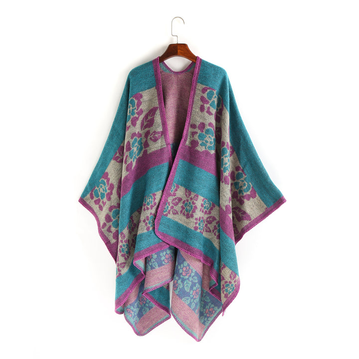 Women Oversize Ruana Poncho with Star Jacquard and Decorative Stitch Edge Mune Fashion