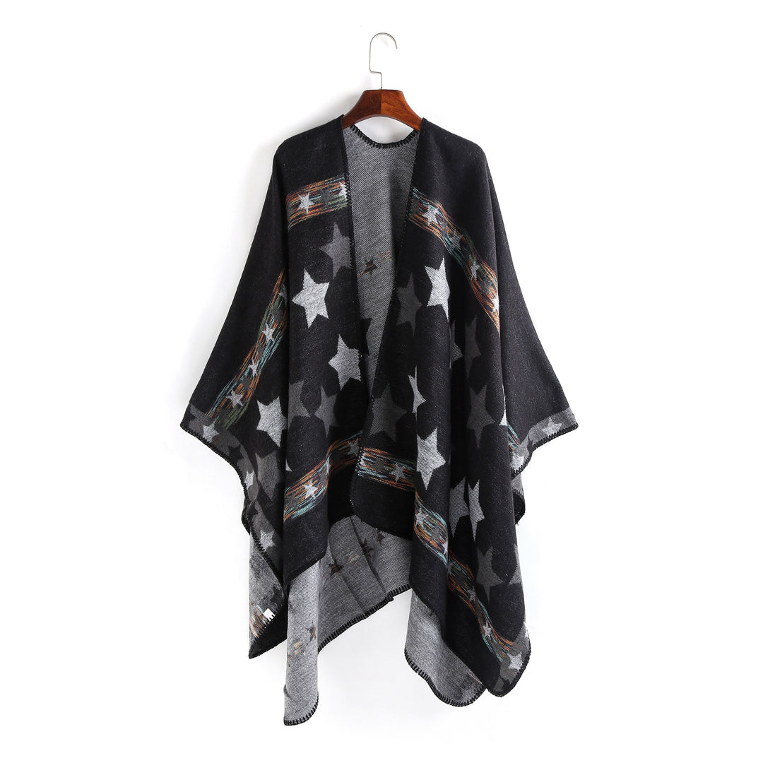 Women Oversize Ruana Poncho with Star Jacquard and Decorative Stitch Edge Mune Fashion