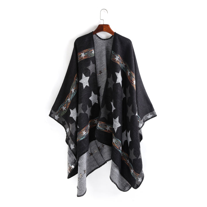 Women Oversize Ruana Poncho with Star Jacquard and Decorative Stitch Edge Mune Fashion